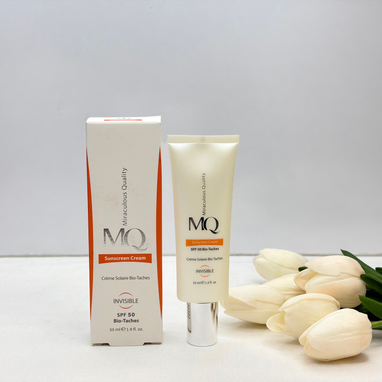 کرم ضد آفتاب SPF50 ضدلک bio-taches ام کیو MQ مدل Creme Solaire Sans Huileبی رنگInvisibleمناسب انواع پوست و پوست مستعد لک55ml
