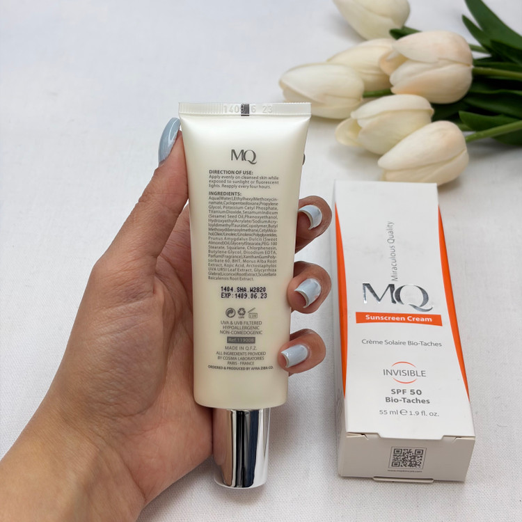 کرم ضد آفتاب SPF50 ضدلک bio-taches ام کیو MQ مدل Creme Solaire Sans Huileبی رنگInvisibleمناسب انواع پوست و پوست مستعد لک55ml