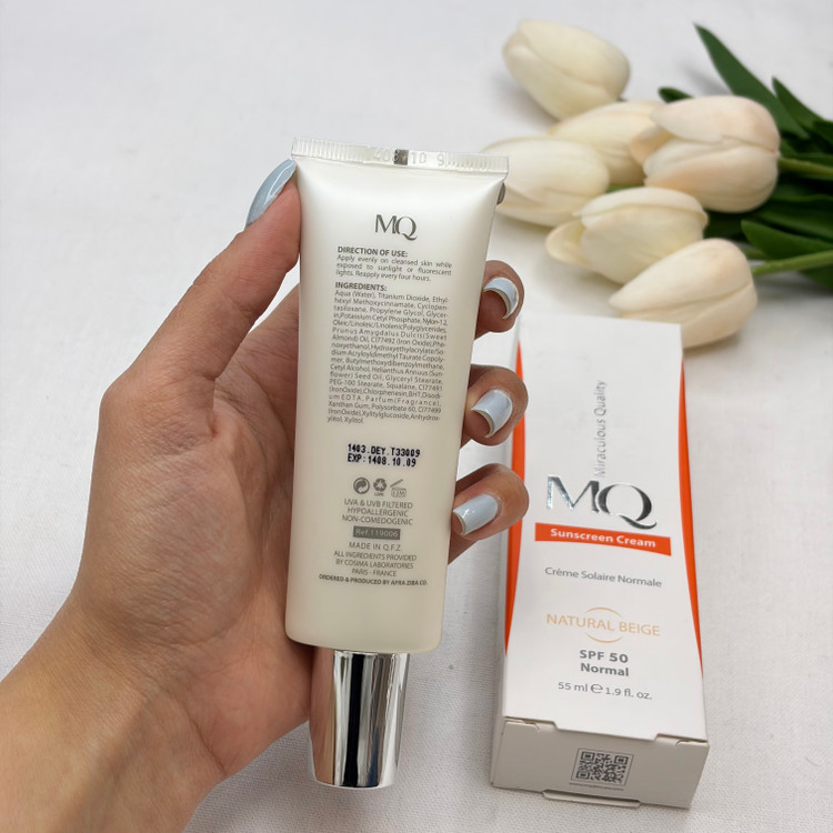 کرم ضد آفتاب SPF50 نرمالnormal ام کیو MQ مدل Creme Solaire Sans Huile بژ طبیعیNatural Beigeمناسب پوست نرمال و خشک55ml