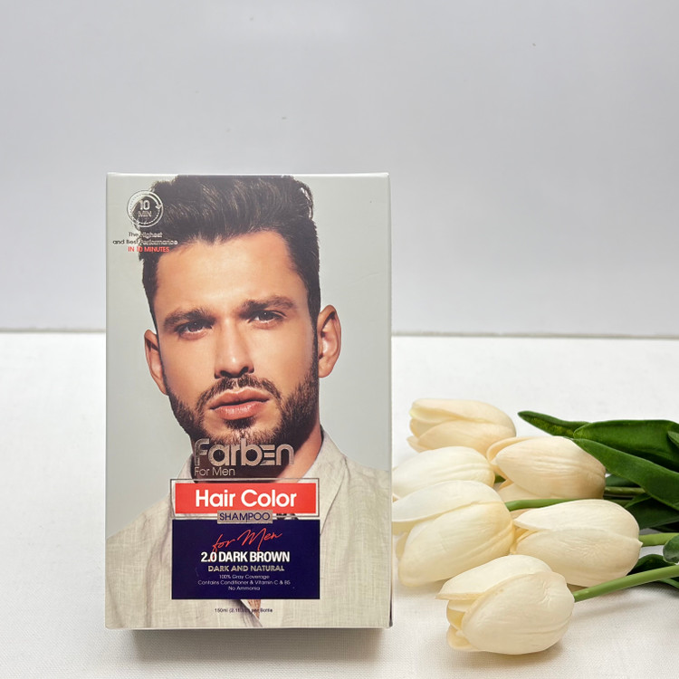 شامپو رنگ مو بدونآمونیاک فاربنfarben شماره ۲.۰ رنگ قهوه ای خیلی تیره Dark Brown مناسب برای پوشش کامل و طبیعی موهای سفید