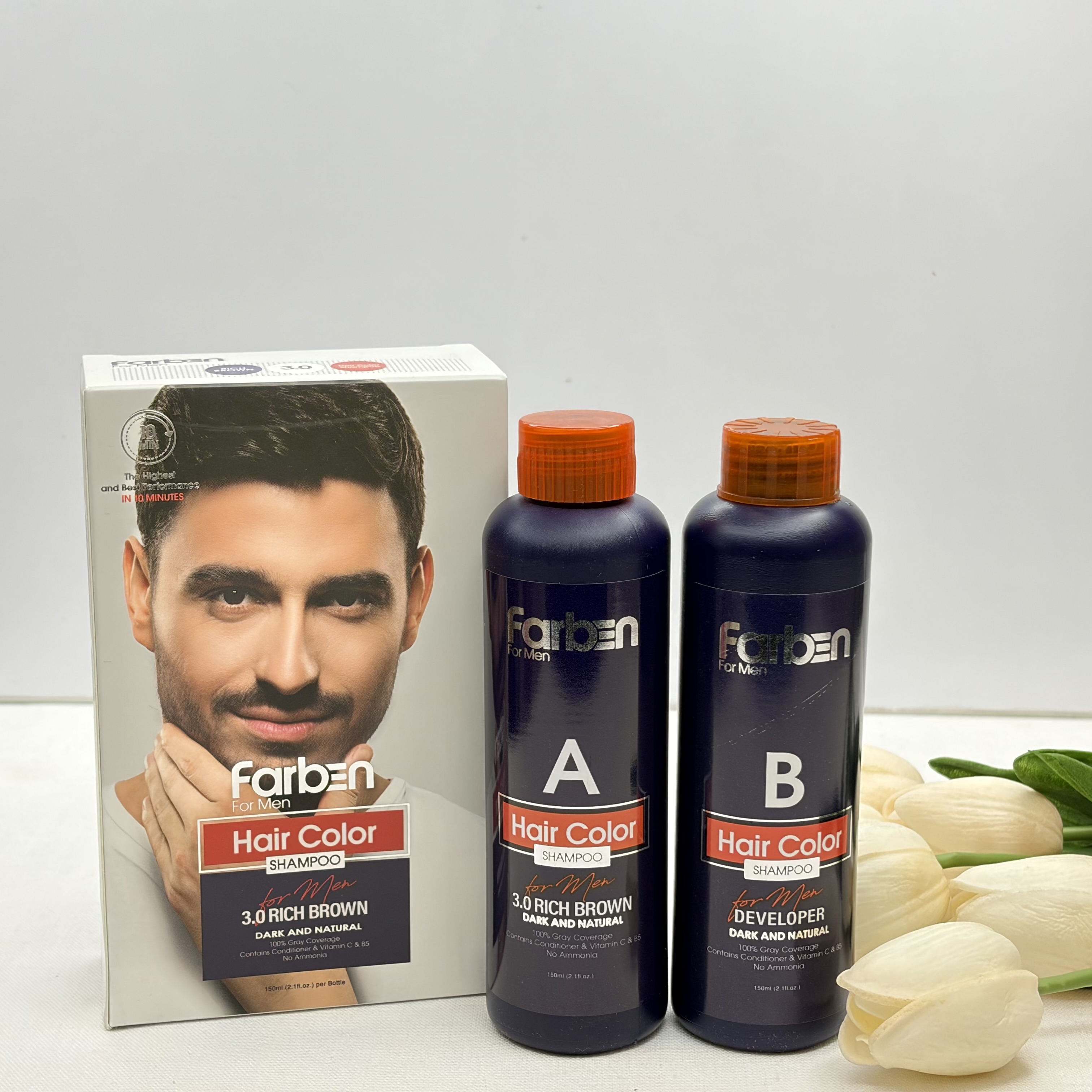 شامپو رنگ مو بدون آمونیاک‌ فاربنfarben شماره ۳.۰ رنگ قهوه ای تیره Rich Brown مناسب برای پوشش کامل و طبیعی موهای سفید