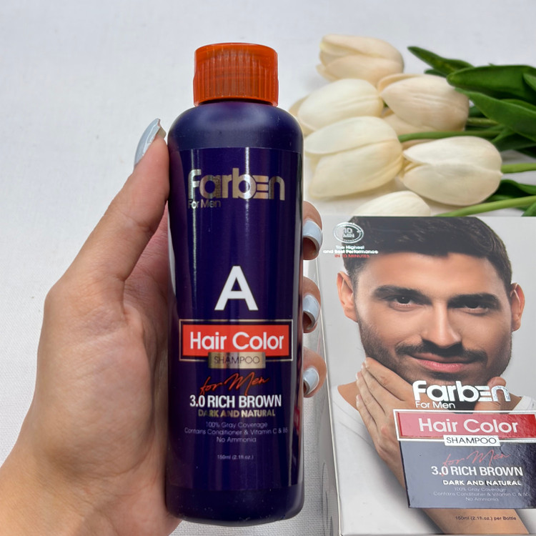 شامپو رنگ مو بدون آمونیاک فاربنfarben شماره ۳.۰ رنگ قهوه ای تیره Rich Brown مناسب برای پوشش کامل و طبیعی موهای سفید