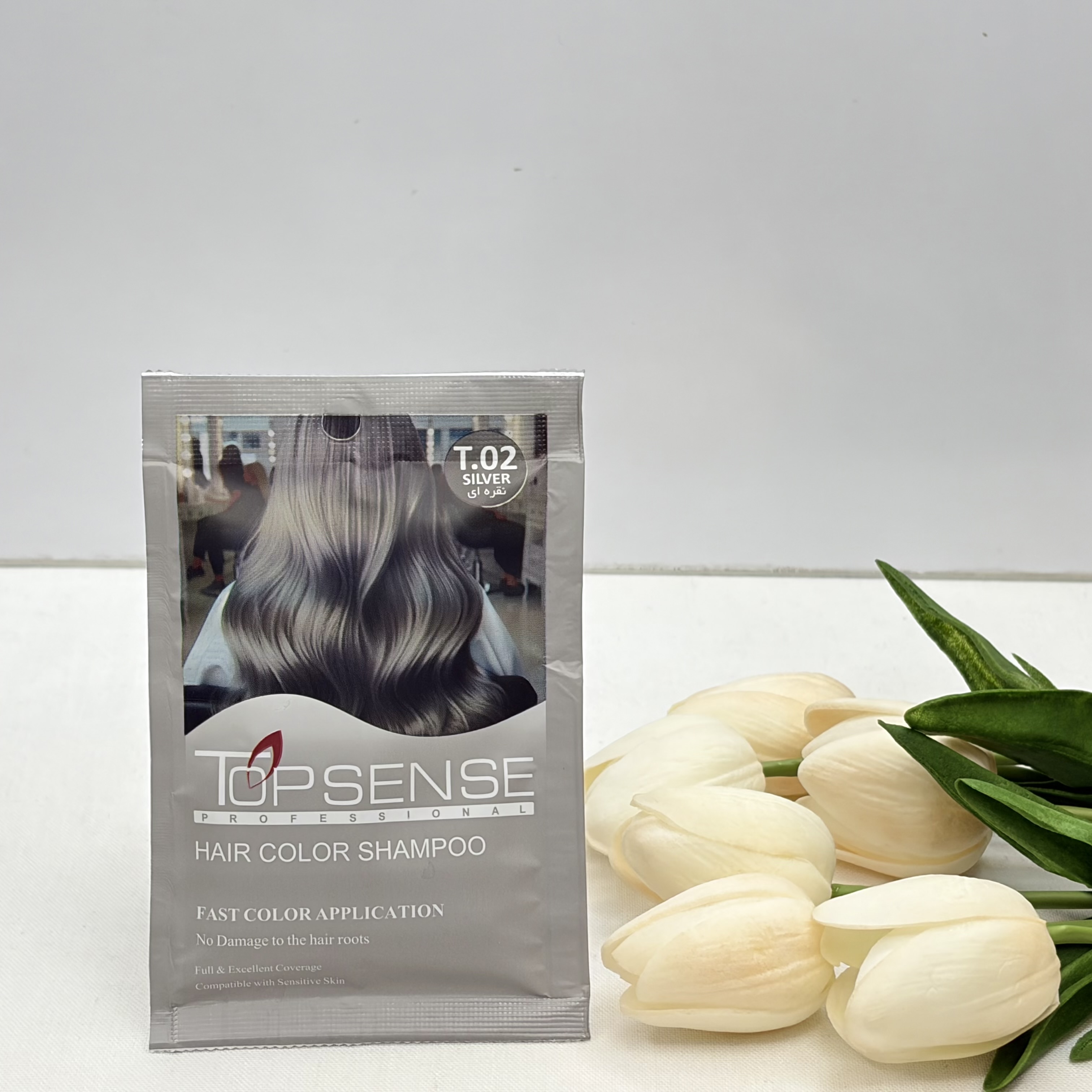 شامپو رنگ مو‌ ژله ای ساشه ای رنگ نقره ای شماره T.02برند تاپ سنس TOP SENSE حجم ۳۰میل