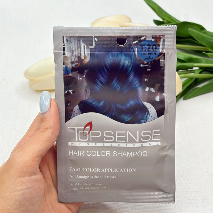شامپو رنگ مو ژله ای ساشه ای رنگ دلفینی شماره T.20برند تاپ سنس TOP SENSE حجم ۳۰میل