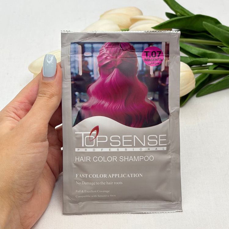 شامپو رنگ مو ژله ای ساشه ای رنگ سرخابی شماره T.07 برند تاپ سنس TOP SENSE حجم ۳۰میل