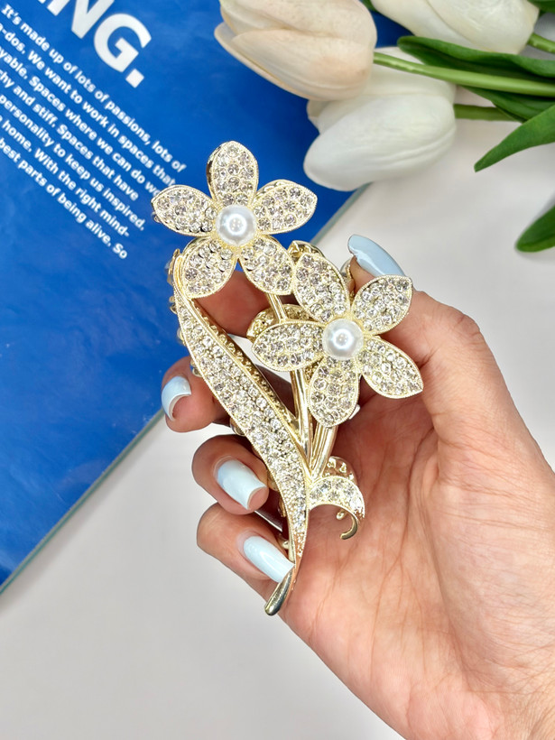 کلیپس فلزی طرح شاخه گل فول نگین سایز بزرگ11cm