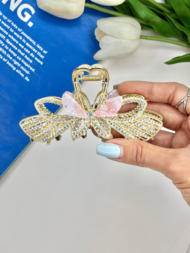 کلیپس فلزی نگین دار طرح پروانه صدفی و فول نگین10.5cm