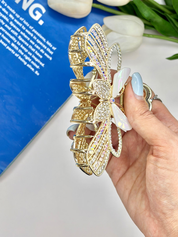 کلیپس فلزی نگین دار طرح پروانه صدفی و فول نگین10.5cm