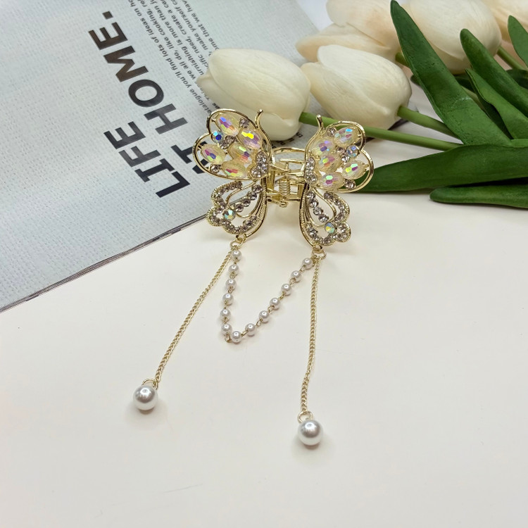 کلیپس فلزی نگین کریستال آویزداربا کیفیت عالی وارداتی طرح پروانه8.5cm
