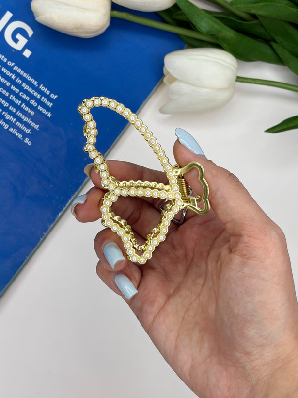 کلیپس فلزی طرح پروانه نیمه فول مروارید8cm