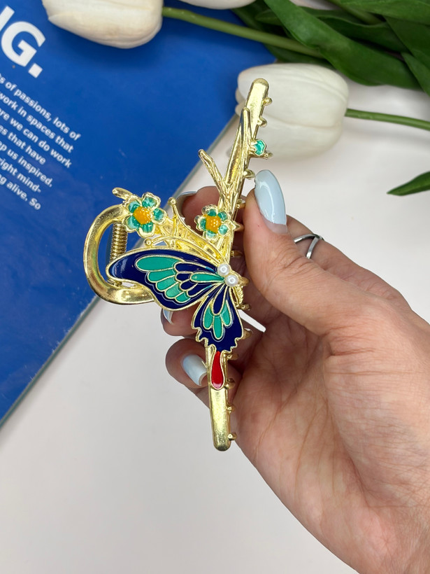 کلیپس فلزی طلایی براق پروانه میناکاری با کیفیت عالی وارداتی سایز بزرگ11/5cm