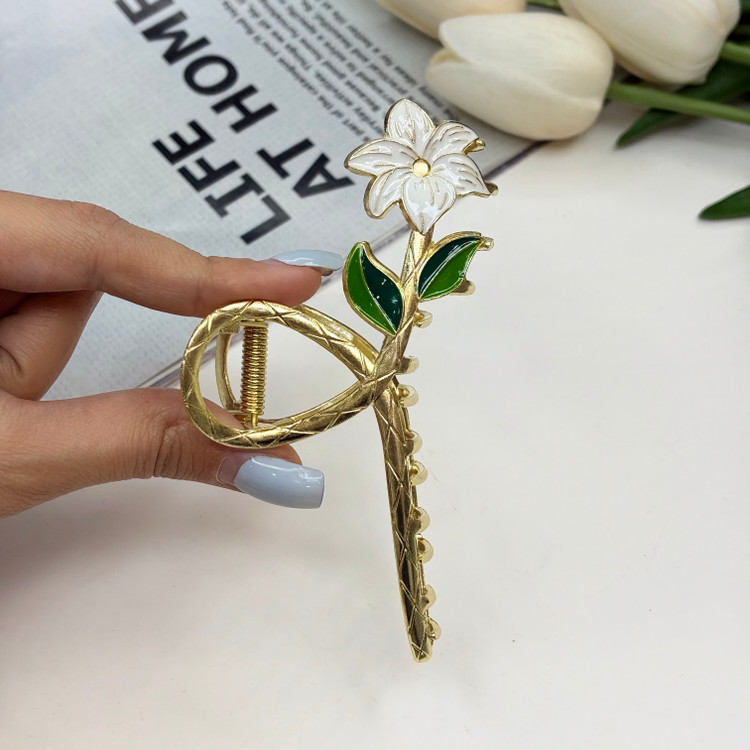 کلیپس فلزی طرح گل یاس سفید سایز بزرگ11cm