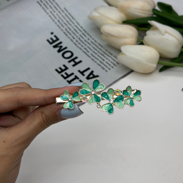 گیره مو انبری طرح گل میناکاری با نگین 7cm