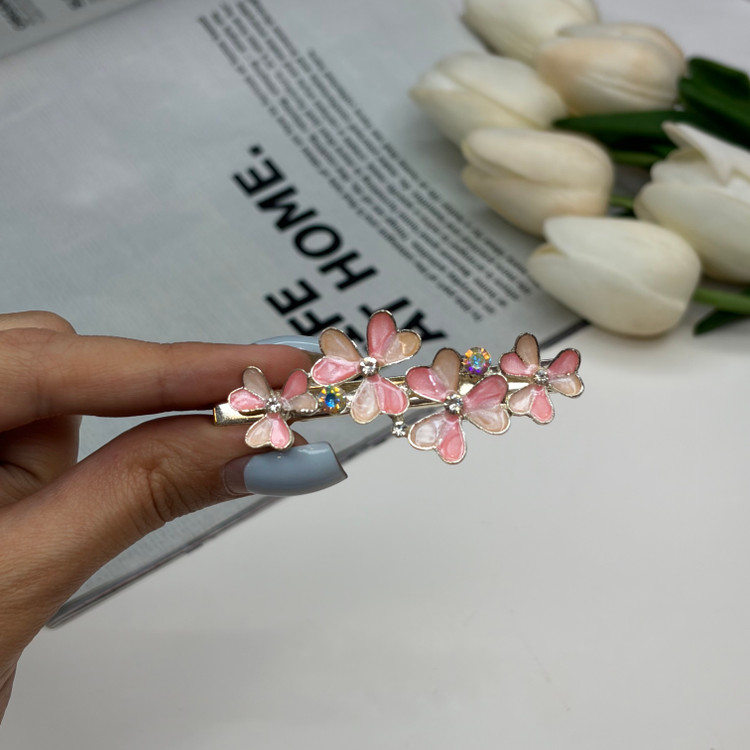 گیره مو انبری طرح گل میناکاری با نگین 7cm