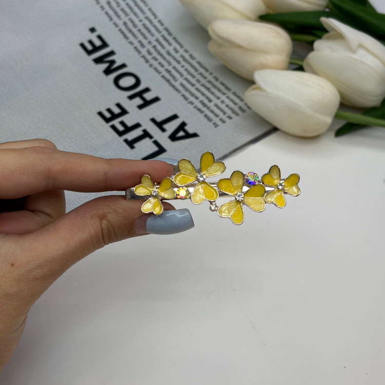 گیره مو انبری طرح گل میناکاری با نگین 7cm