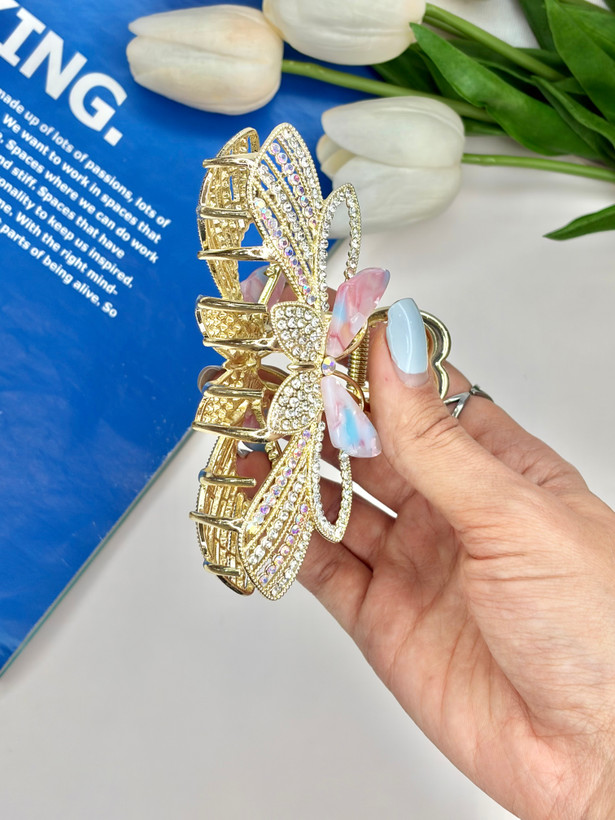 کلیپس فلزی فول نگین صدفی طرح پروانه 10.5cm