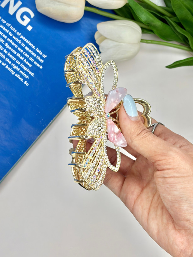 کلیپس فلزی فول نگین صدفی طرح پروانه 10.5cm