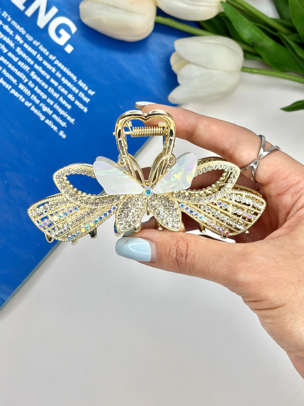 کلیپس فلزی فول نگین صدفی طرح پروانه 10.5cm