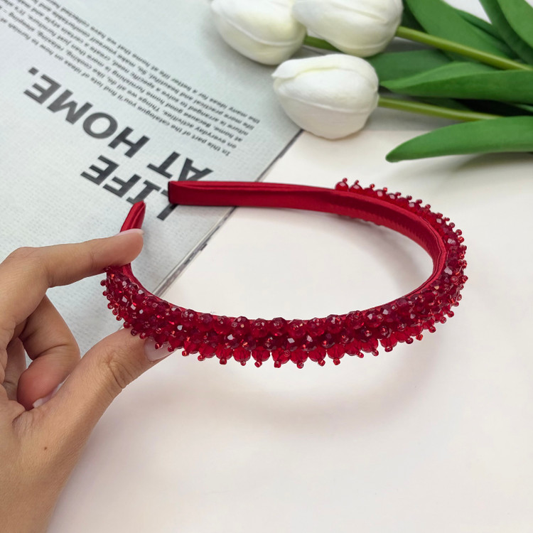 تل سر ساتن کریستال بافت رنگبندی قرمز مشکی1cm