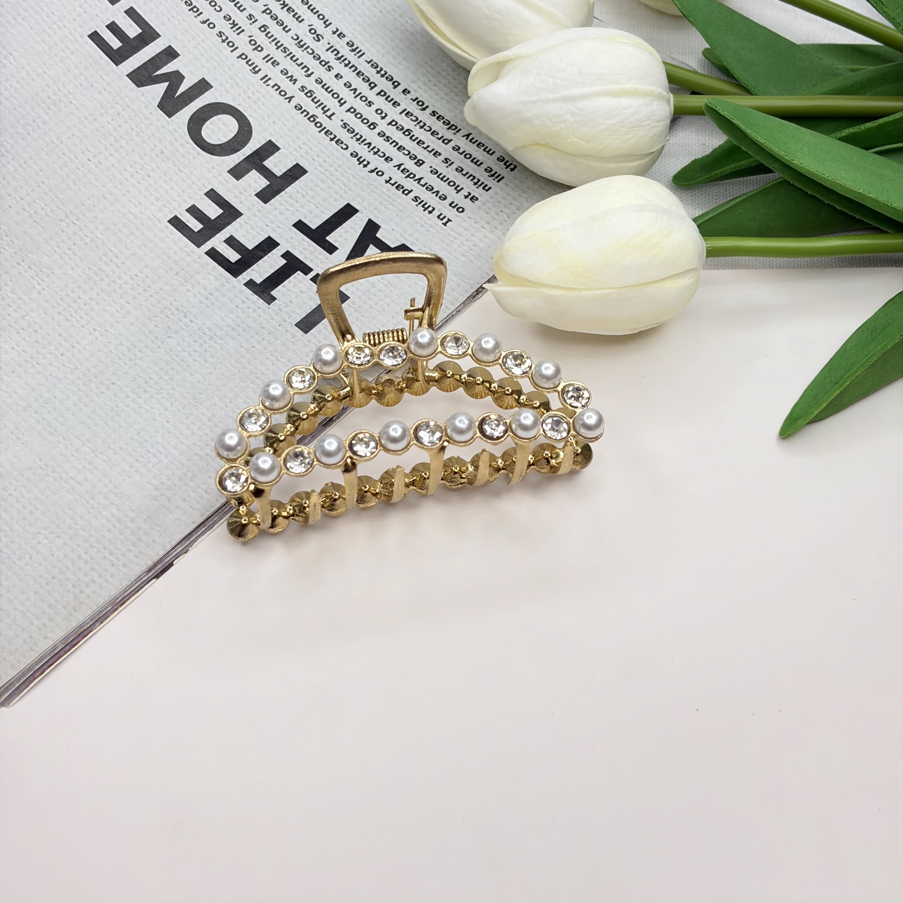 کلیپس فلزی نیم دایره نگین مروارید6.5cm