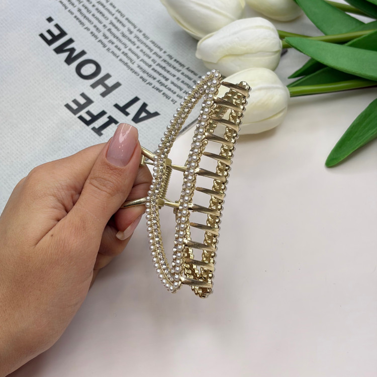 کلیپس فلزی نیم دایره فول نگین مروارید9cm