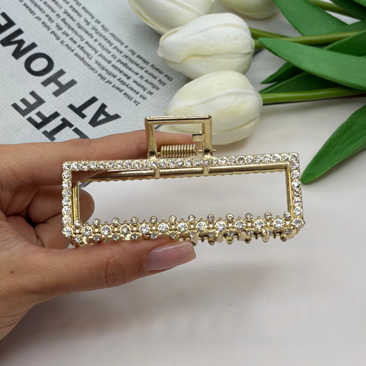 کلیپس فلزی مستطیلی فول نگین طرح فلاور9cm