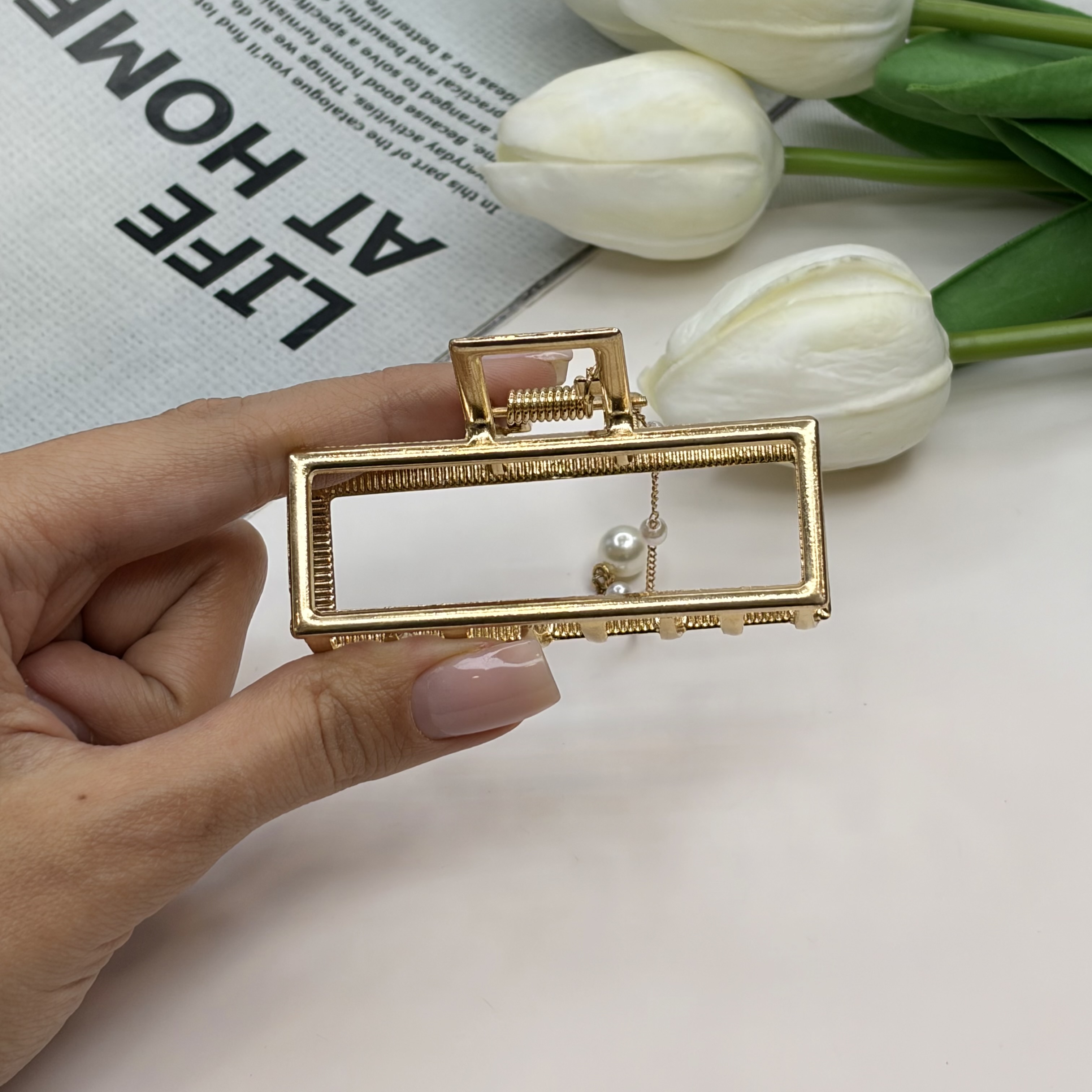 کلیپس فلزی مستطیل آویزدار مروارید رنگ براق7.5cm