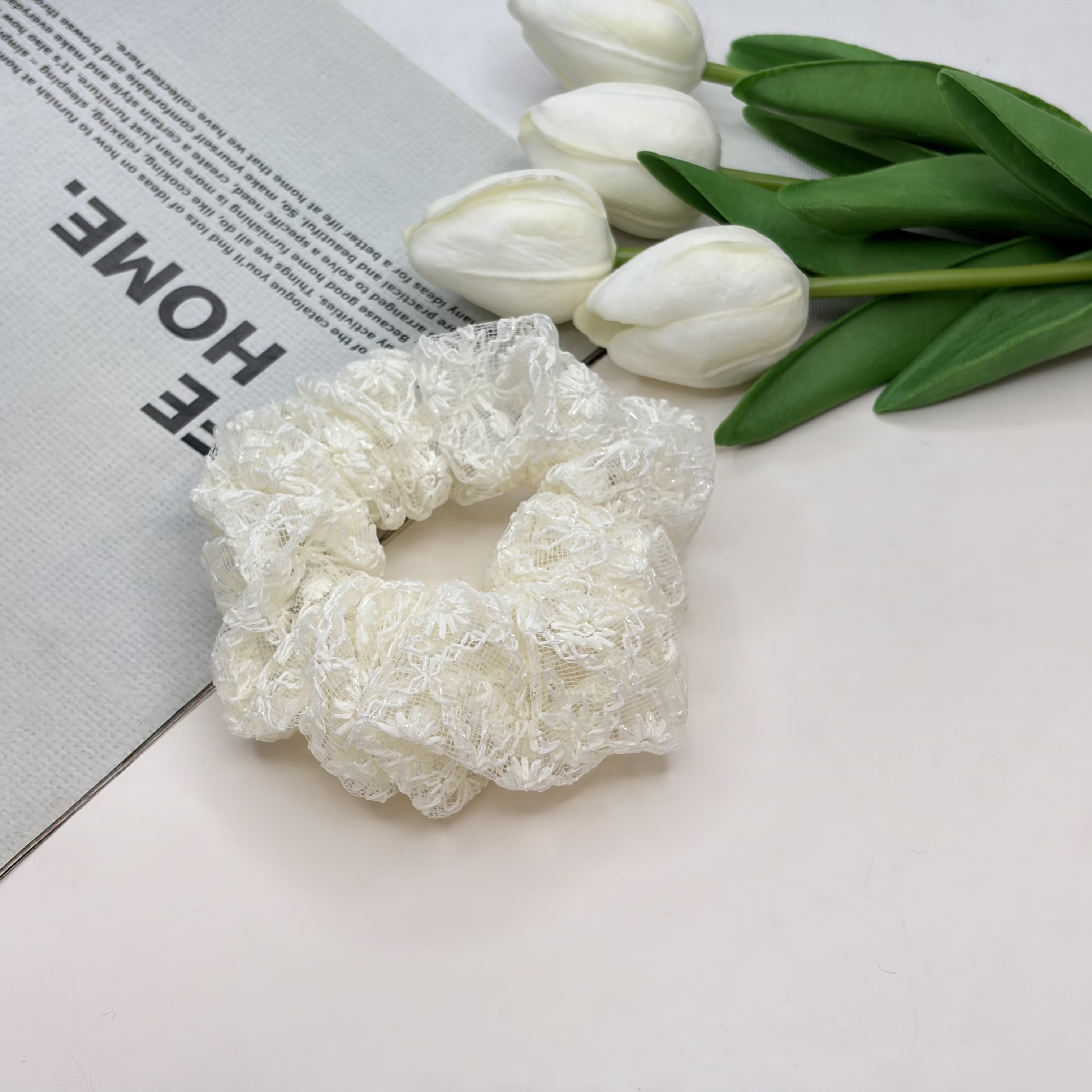 کش‌‌ مو توری سفید طرح گل