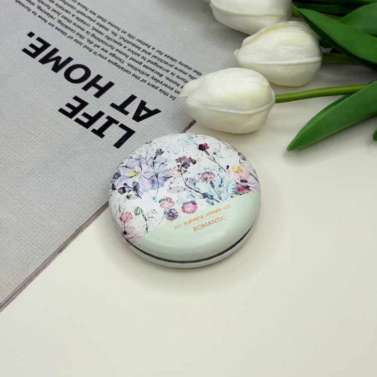 آینه جیبی دوطرفه طرح گلدار چرمی دایره ای7cm