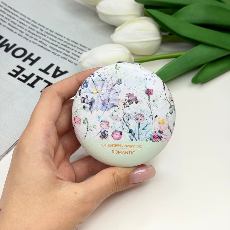 آینه جیبی دوطرفه طرح گلدار چرمی دایره ای7cm
