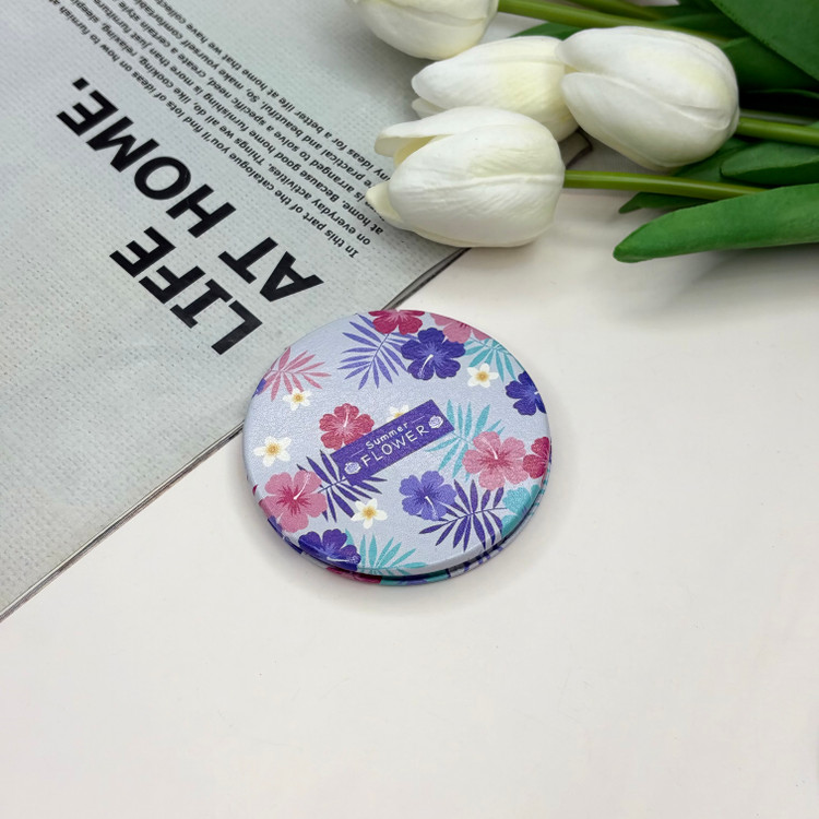 آینه جیبی دوطرفه طرح گل دایره ای چرم 7cm