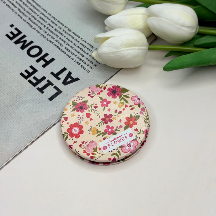 آینه جیبی دوطرفه طرح گل دایره ای چرم 7cm