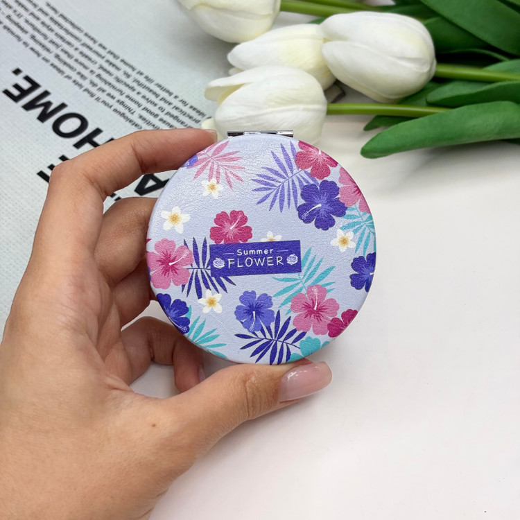آینه جیبی دوطرفه طرح گل دایره ای چرم 7cm