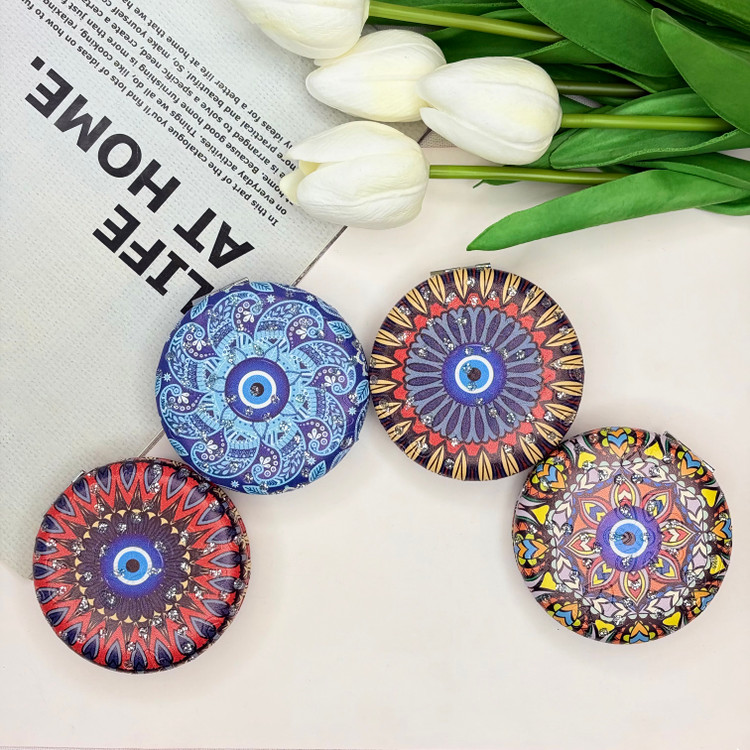 آینه جیبی دوطرفه طرح چشم زخم نگین دار دایره ای چرم 7cm