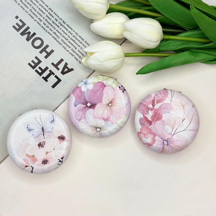 آینه جیبی دوطرفه طرح گل بهاری دایره ای چرم 7cm