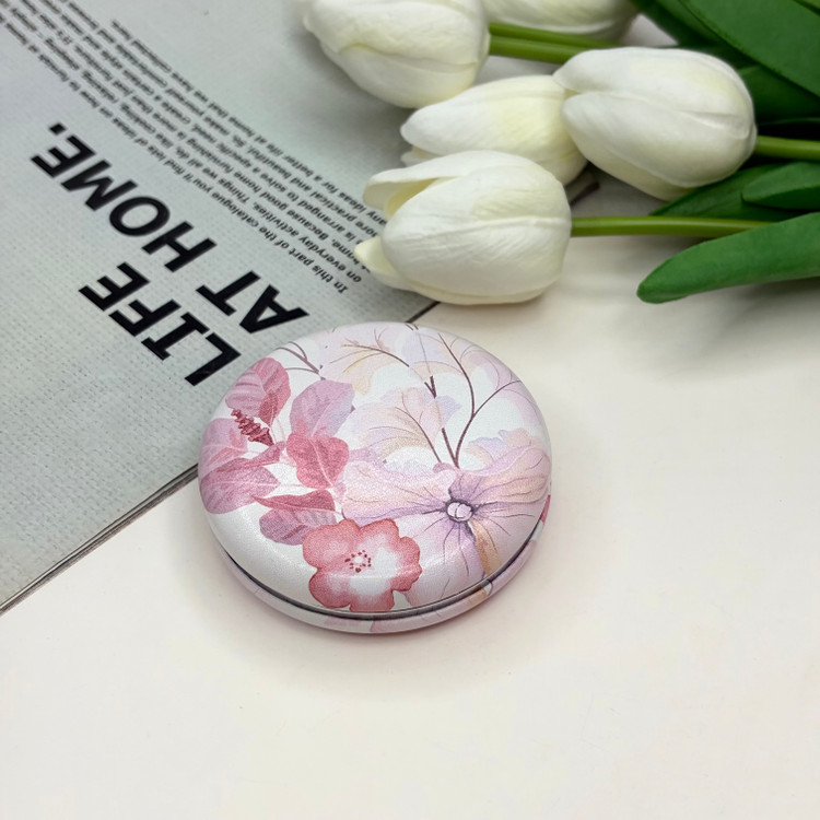 آینه جیبی دوطرفه طرح گل بهاری دایره ای چرم 7cm