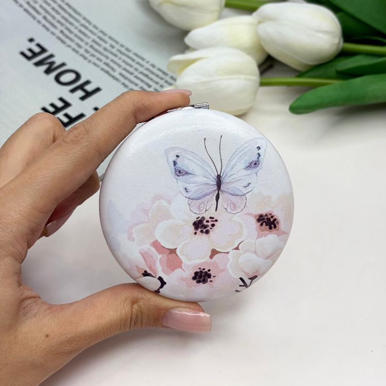 آینه جیبی دوطرفه طرح گل بهاری دایره ای چرم 7cm