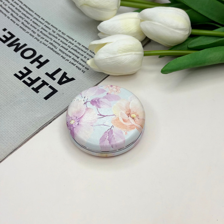 آینه جیبی دوطرفه طرح گلدار دایره ای چرم 6cm