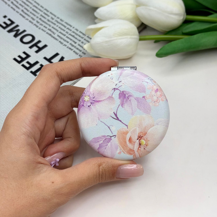 آینه جیبی دوطرفه طرح گلدار دایره ای چرم 6cm