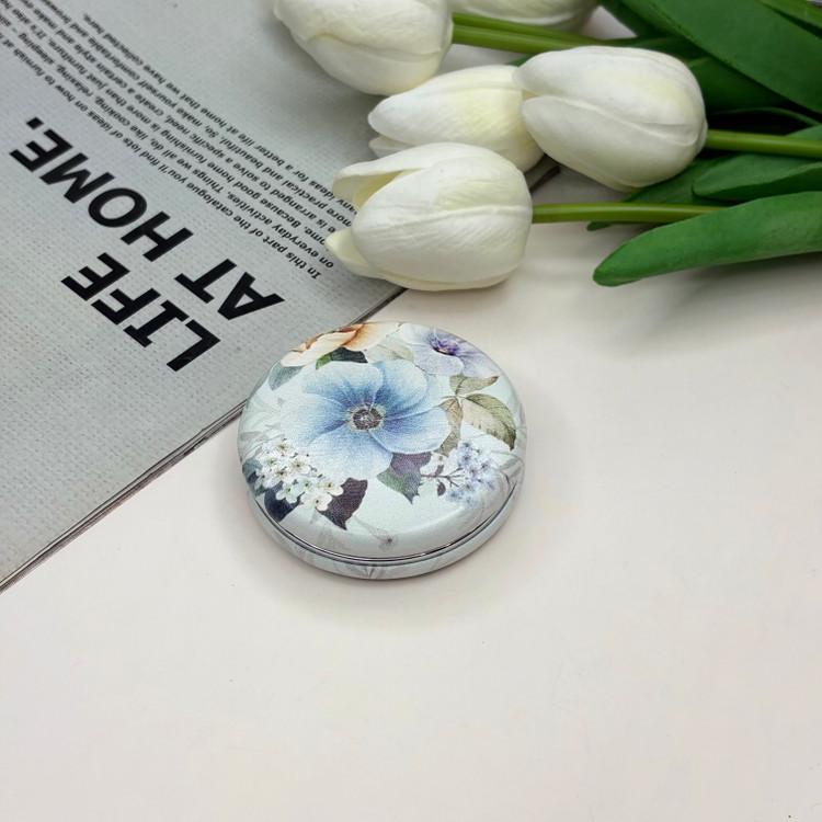 آینه جیبی دوطرفه طرح گلدار دایره ای چرم 6cm