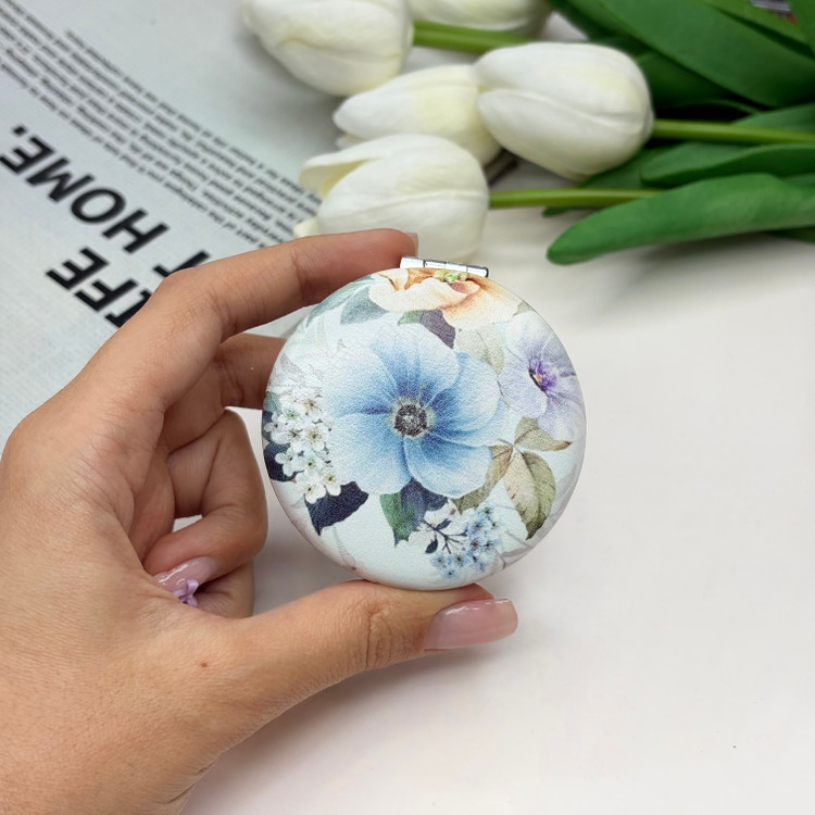 آینه جیبی دوطرفه طرح گلدار دایره ای چرم 6cm