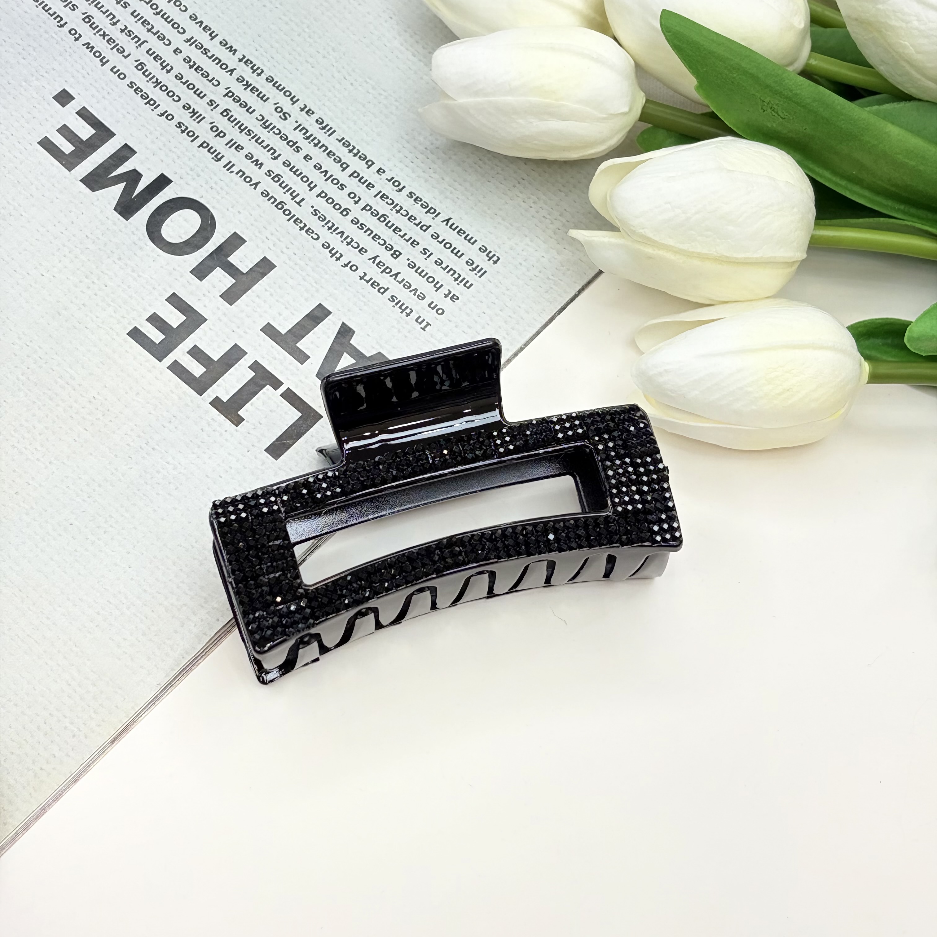 کلیپس مشکی مستطیل خم براق فول نگین 8cm