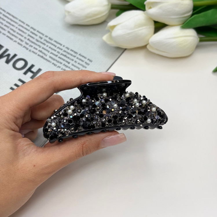 کلیپس نیم دایره نشکن وارداتی رنگ مشکی فول نگین و مروارید8.5cm