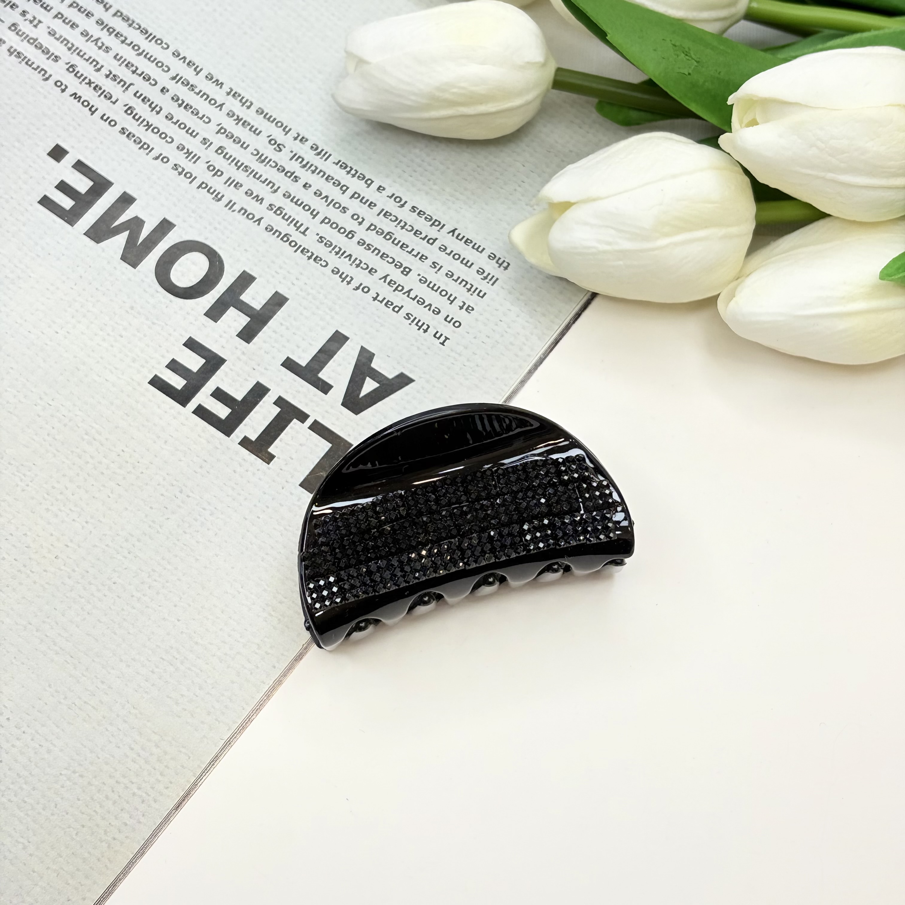 کلیپس نیم دایره رنگ مشکی فول نگین7cm