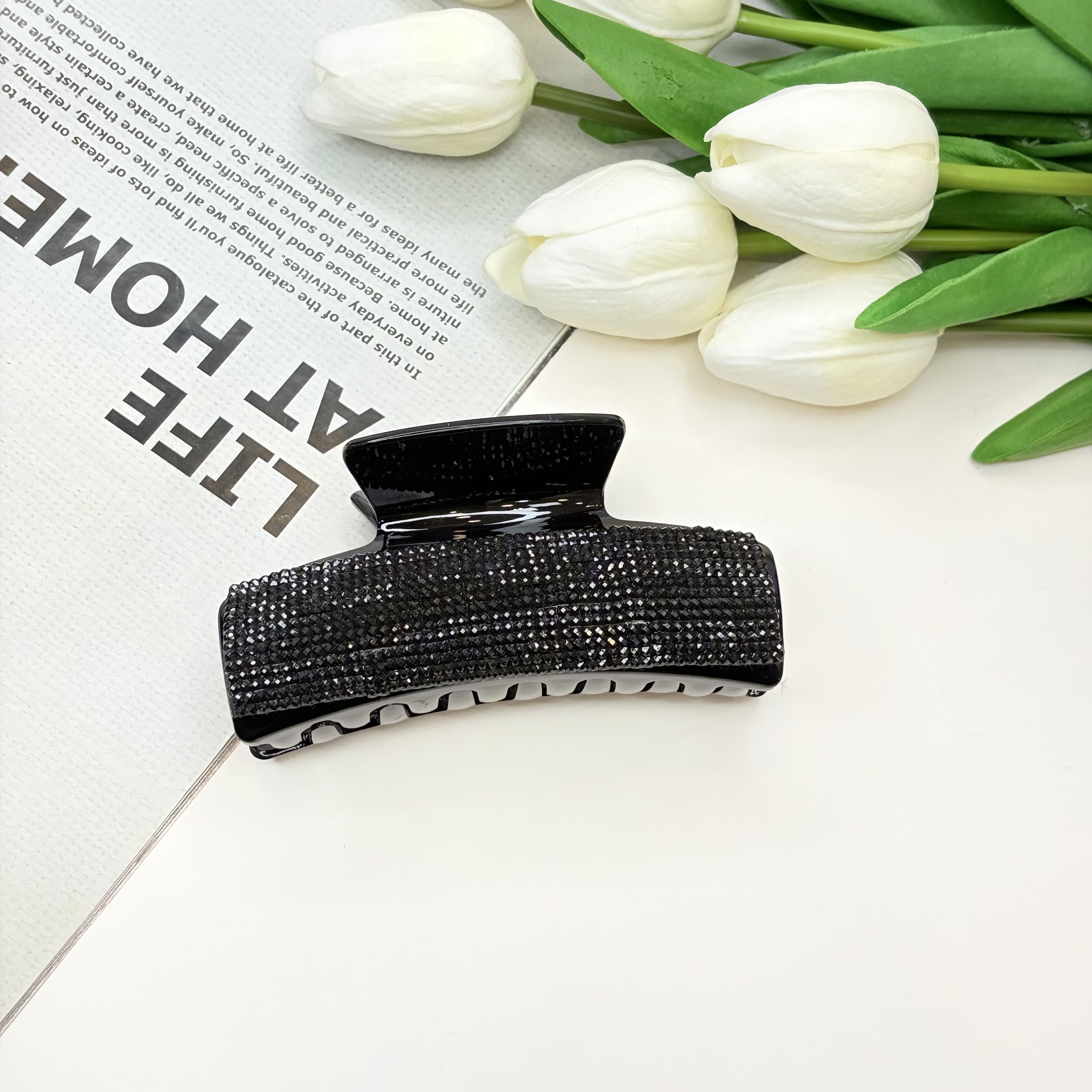 کلیپس مستطیلی سایز بزرگ رنگ مشکی فول نگین10cm