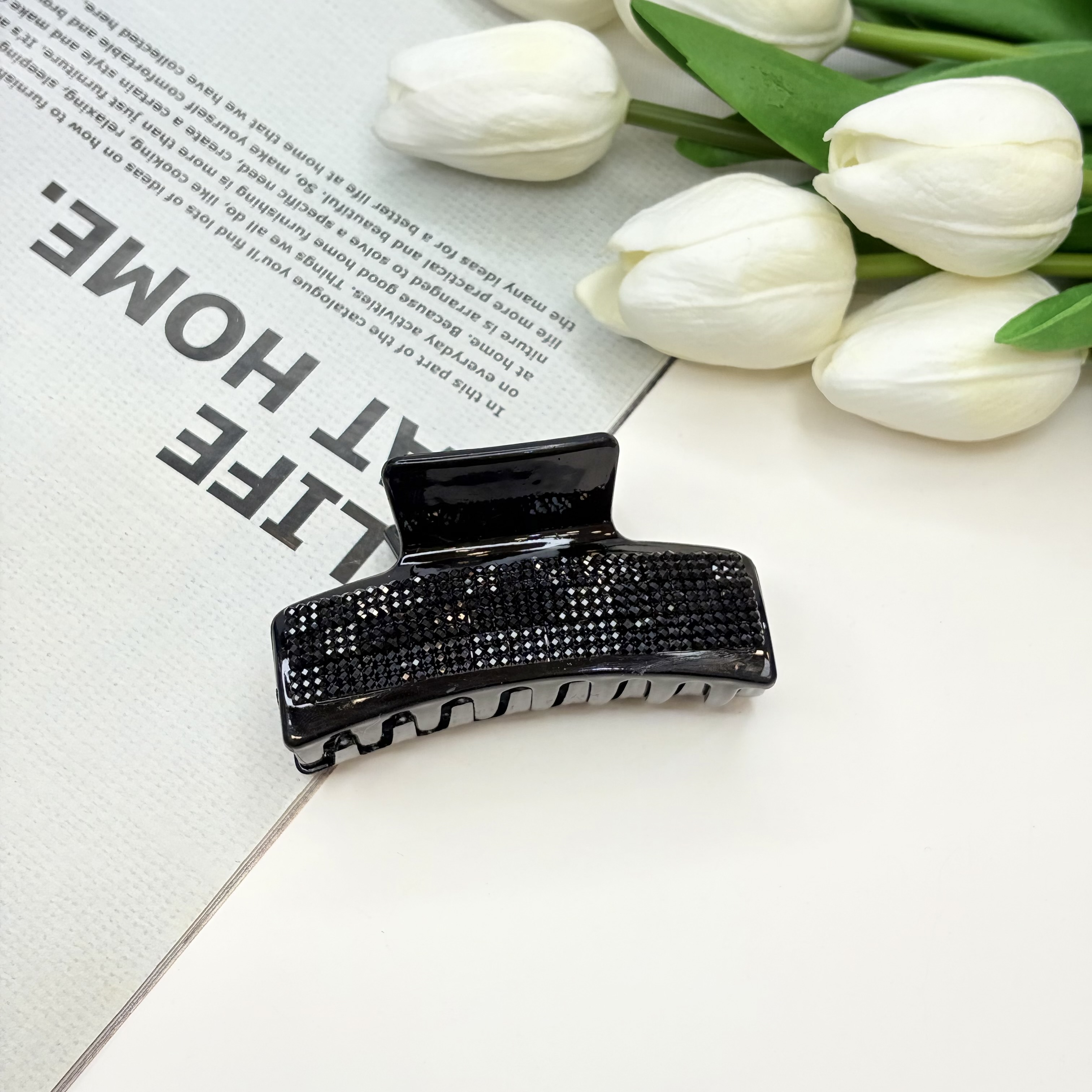 کلیپس مستطیلی سایز متوسط رنگ مشکی فول نگین8cm