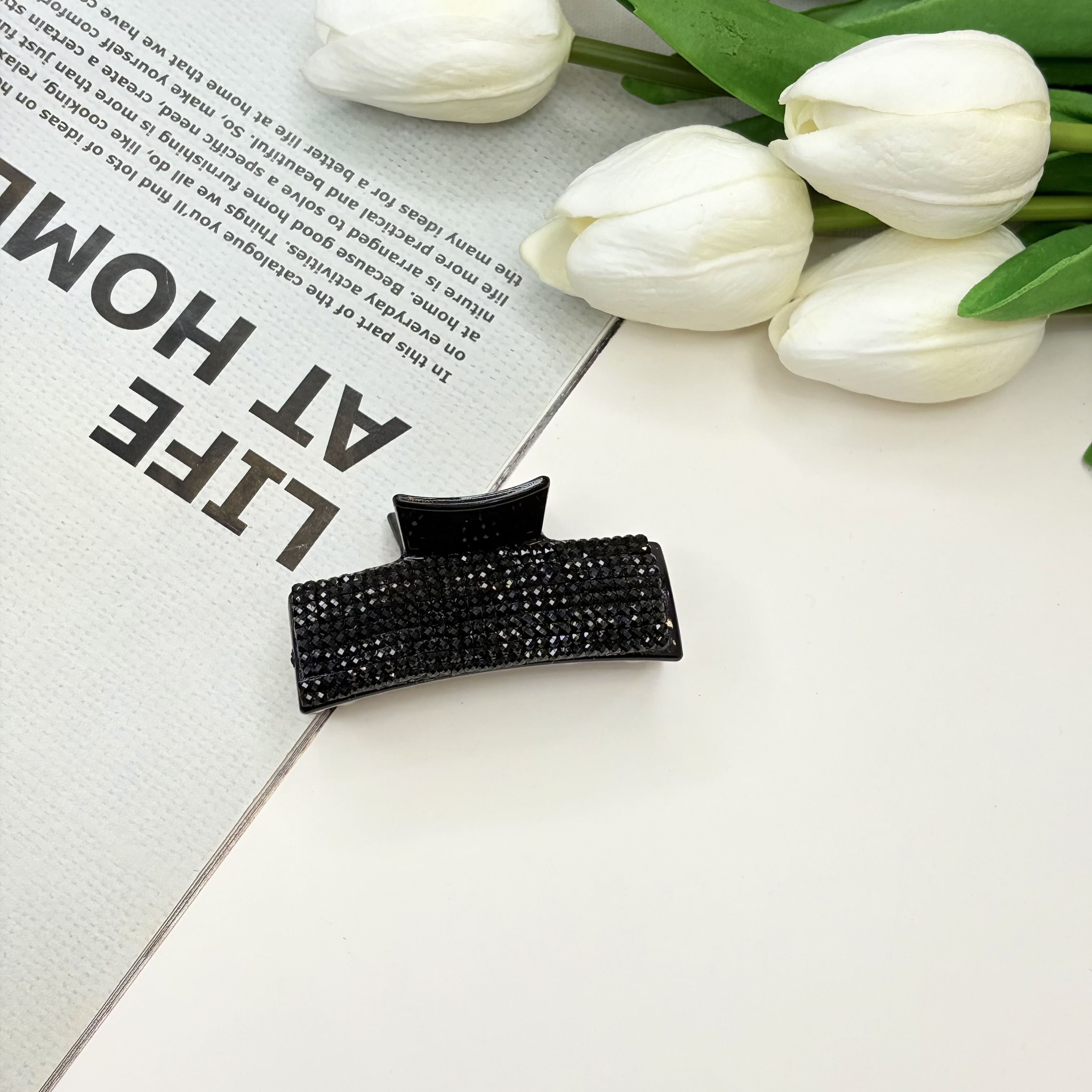 کلیپس مستطیلی سایز کوچک رنگ مشکی فول نگین6cm