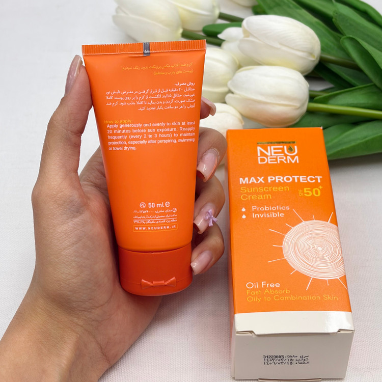 کرم ضدآفتاب مکس پروتکت بی رنگ نئودرم spf 50مناسب پوست های چرب و مختلط50میل