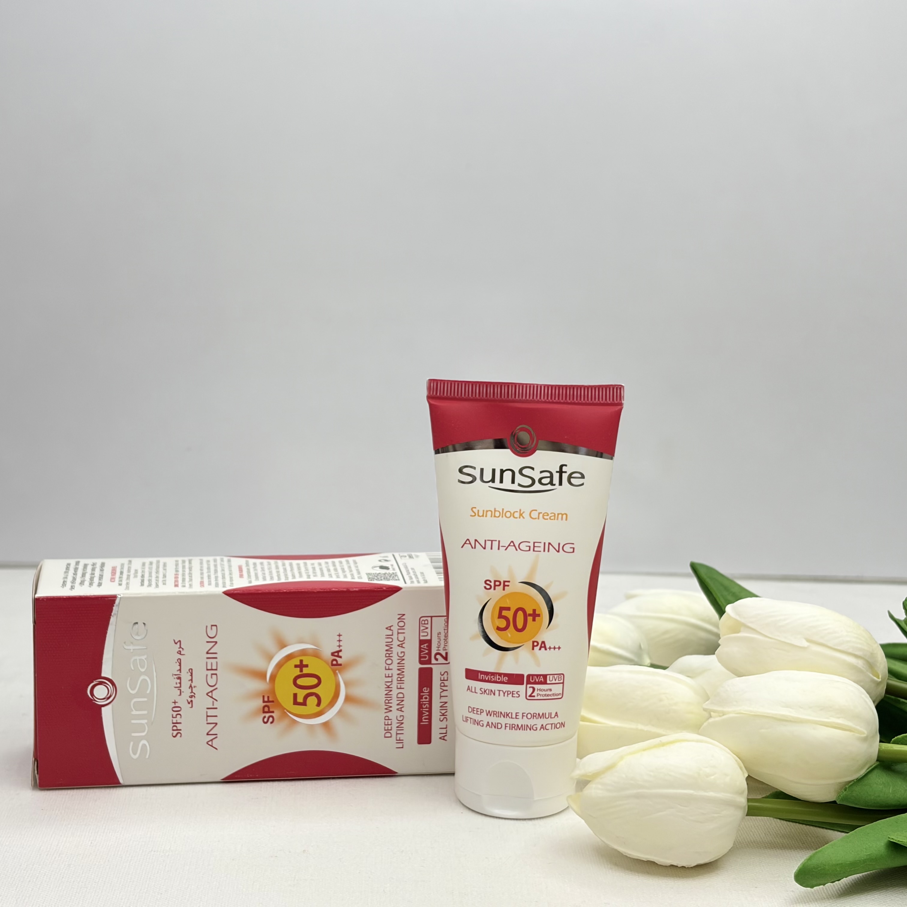 کرم ضدآفتاب و ضد چروک سان سیف spf50 بدون رنگ و اثر سفیدکنندگی مناسب برای انواع پوست ها
