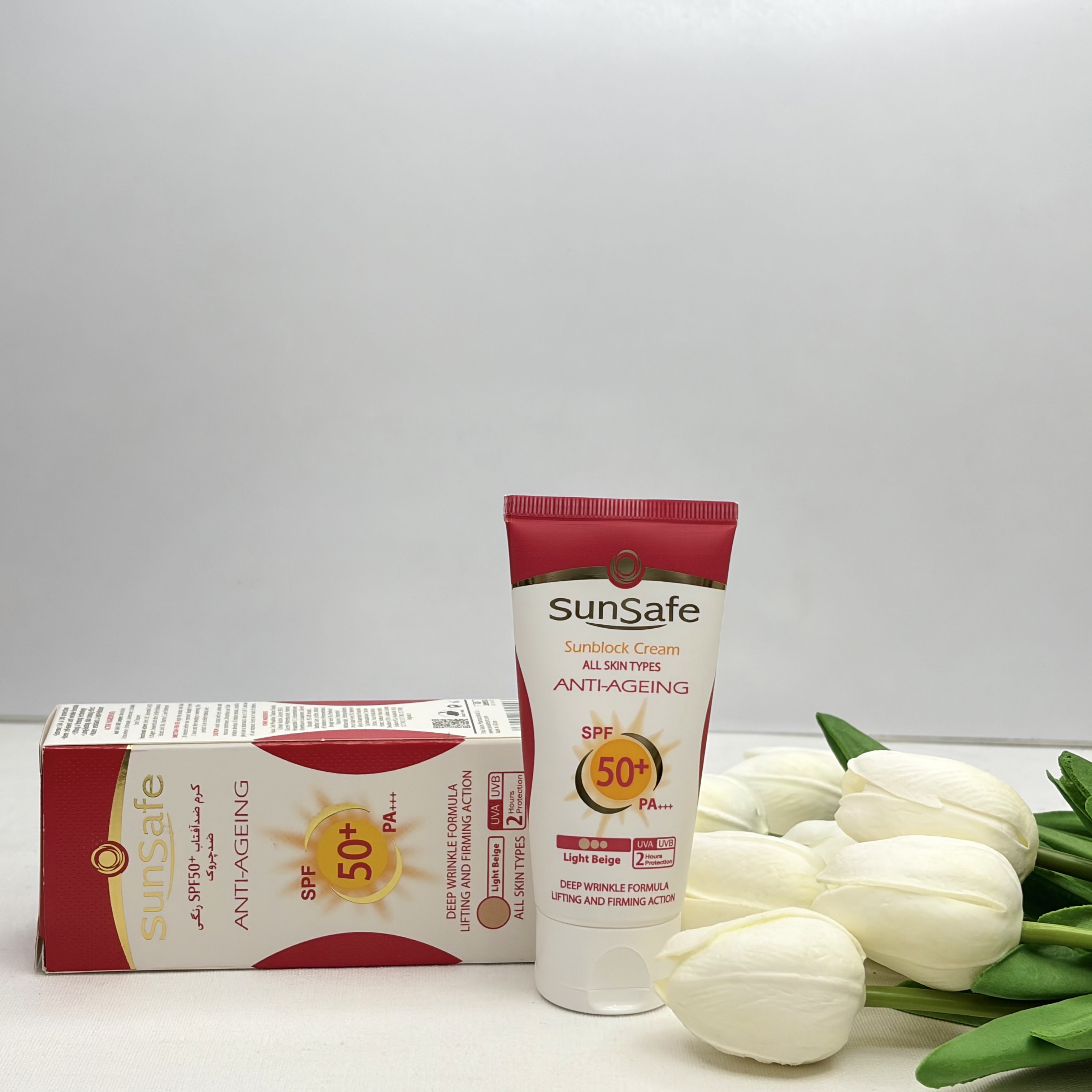 کرم ضدآفتاب و ضد چروک رنگی سان سیف spf50 رنگ بژ روشن مناسب برای انواع پوست ها